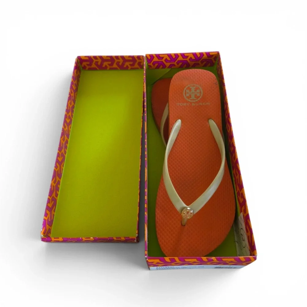 Tory Burch Womens Size 8 Khaki Fanta Orange Thin Flip Flops Sandals With Box
